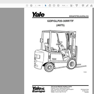 Yale Forklift GDPGLP20 30RFTF A875 524157798 Parts Catalog042004 1