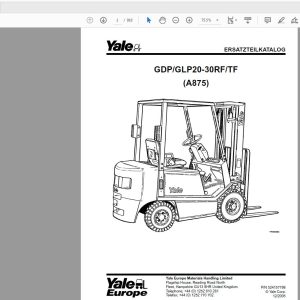 Yale Forklift GDPGLP20 30RFTF A875 524157798 Parts Catalog122005 1