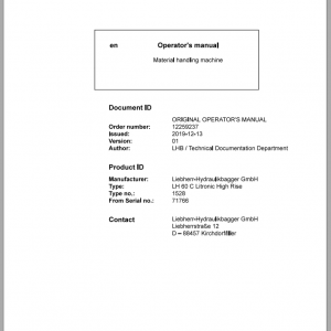 Liebherr Material Handling Machine LH 60C Litronic High Rise en Operator Manuals