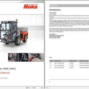 Hako Rider Sweeper Citymaster 1650 1491 Operating Manual 88103158 4393 02 2021 (1)