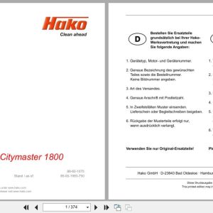Hako Rider Sweeper Citymaster 1800 1199.00 Spare Parts List DE EN FR (1)