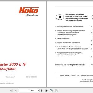 Hako Sweeper Citymaster 2000 E IV 3 Broom System 1434.20 Spare Parts List 85 00 1993 750 DE EN FR (1)