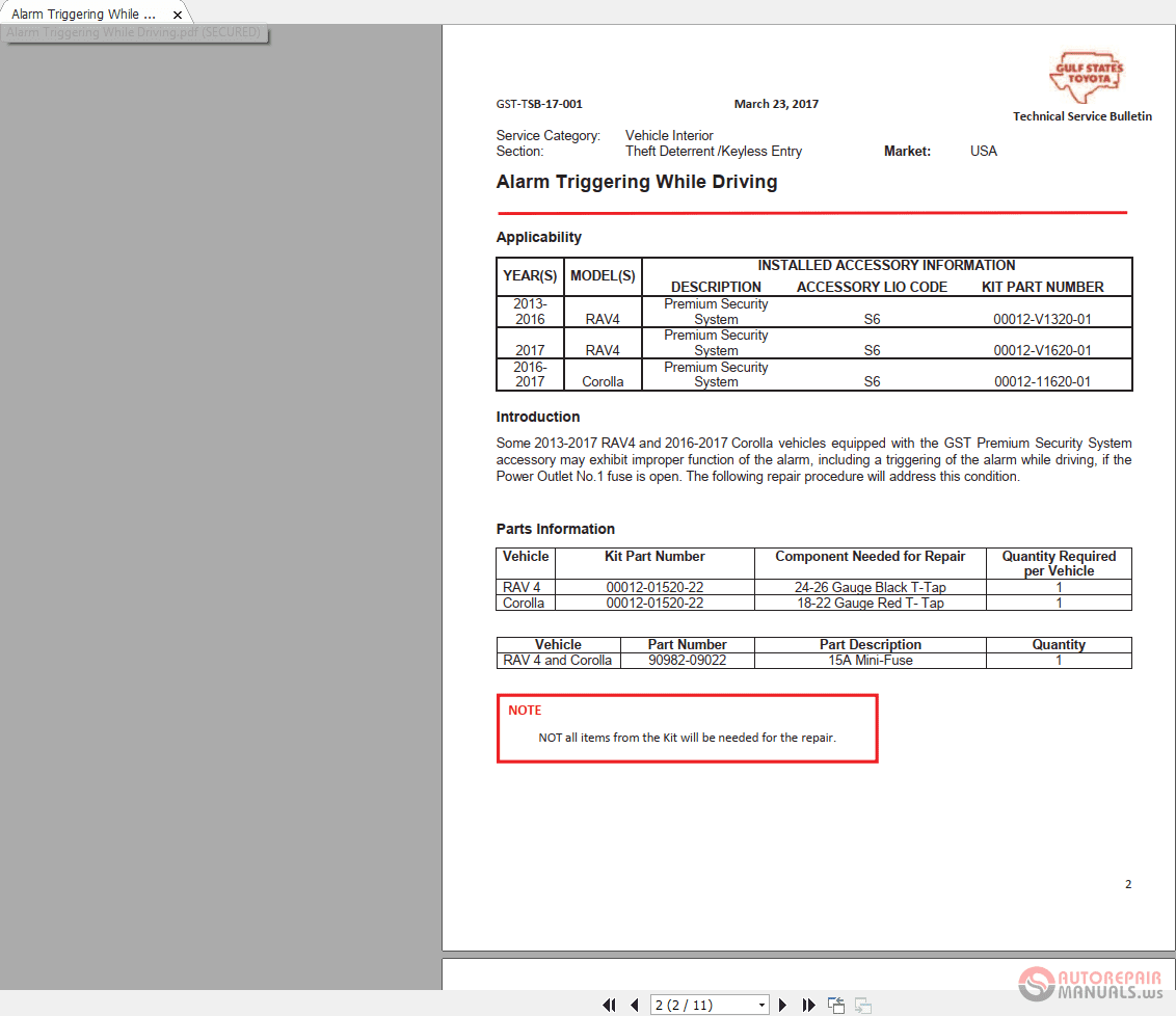 Toyota Series 2012 to 2017 Technical Service Bulletins 1