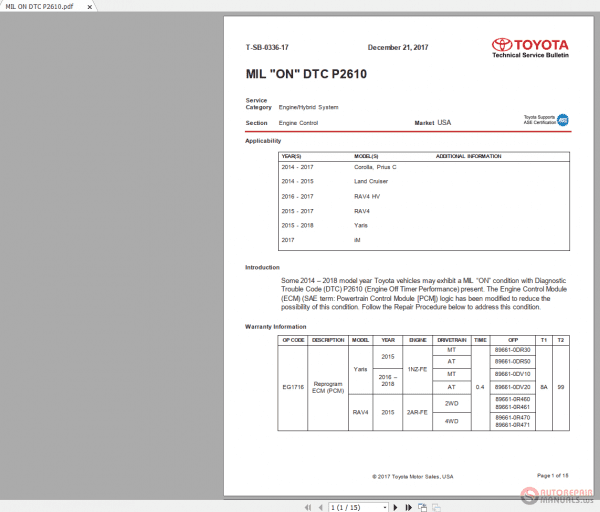 Toyota Series 2012 to 2017 Technical Service Bulletins 3