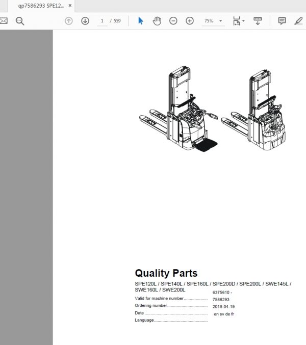 BT SPE120 200L D SWE145 200L Parts Manual 7586293 1