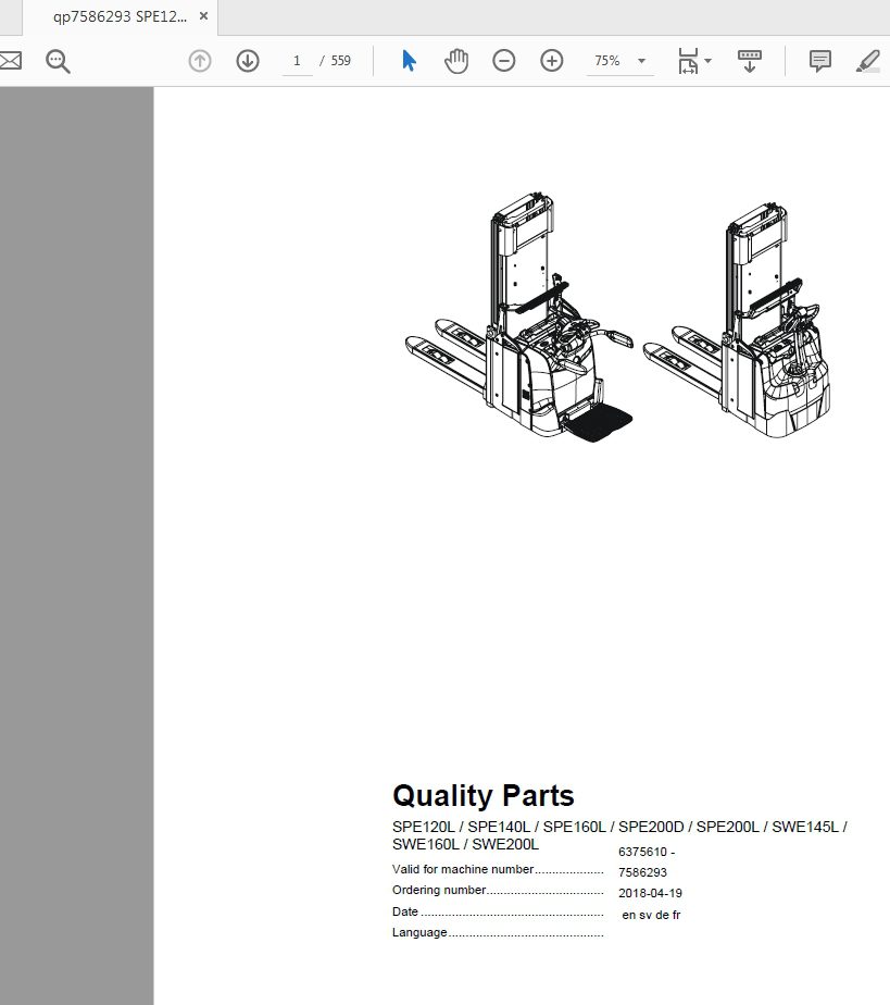 BT SPE120 200L D SWE145 200L Parts Manual 7586293 1