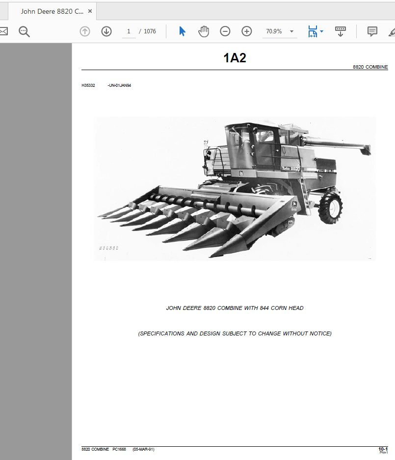 John Deere 8820 COMBINE WITH 844 CORN HEAD Tractors Parts Catalog UN 01JAN94 1
