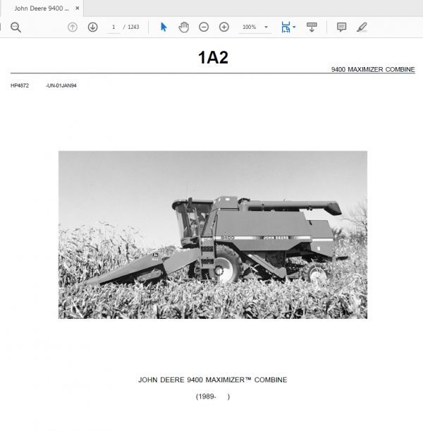 John Deere 9400 MAXIMIZER COMBINE Tractors Parts Catalog 1