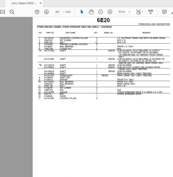 John Deere 9400 MAXIMIZER COMBINE Tractors Parts Catalog 6