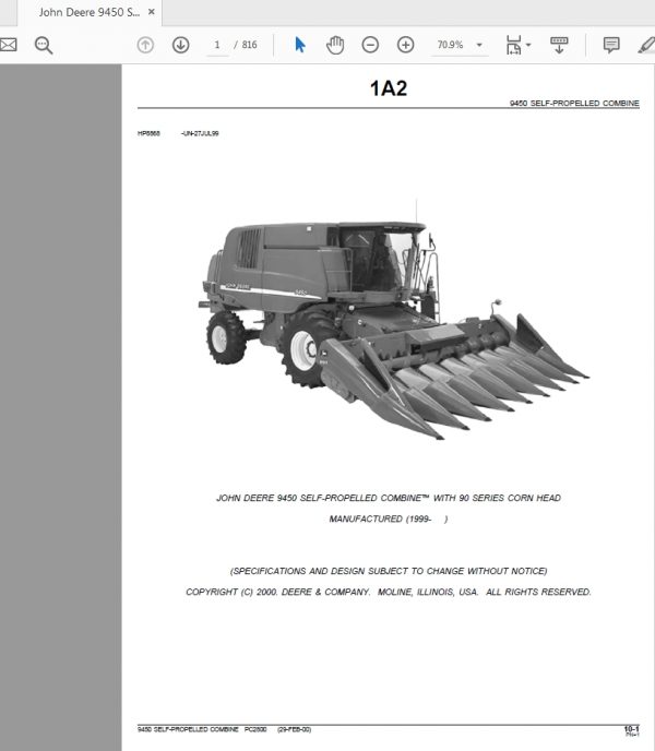John Deere 9450 SELF PROPELLED COMBINE WITH 90 SERIES CORN HEAD Parts Catalog 1