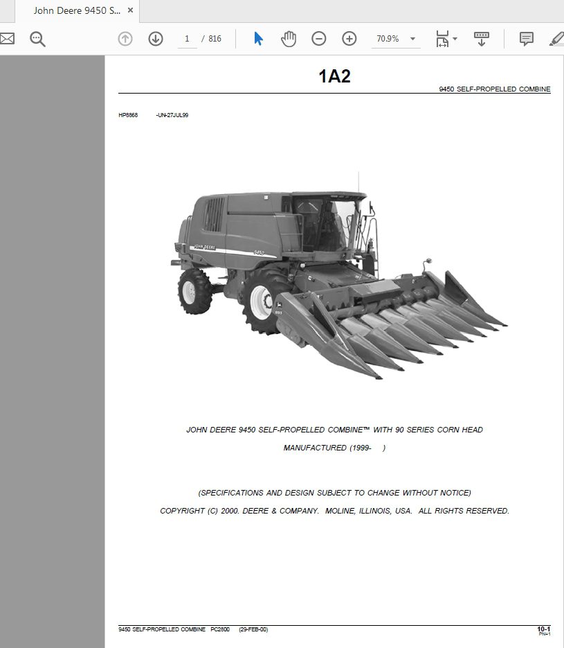 John Deere 9450 SELF PROPELLED COMBINE WITH 90 SERIES CORN HEAD Parts Catalog 1
