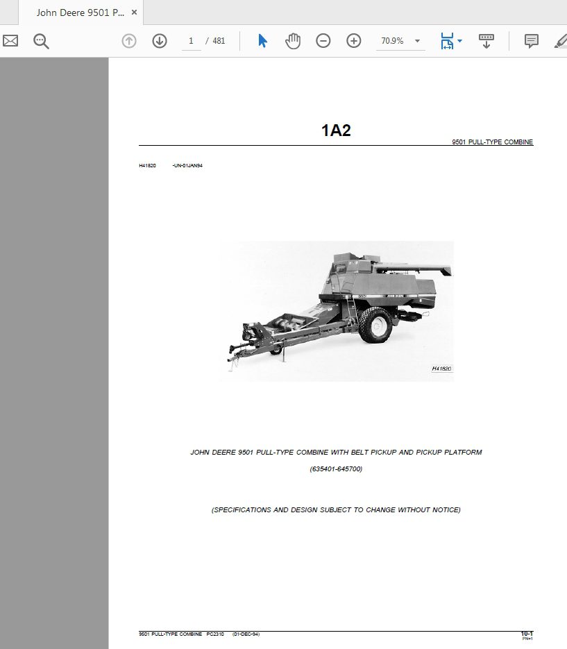 John Deere 9501 PULL TYPE COMBINE WITH BELT PICKUP AND PICKUP PLATFORM Parts Catalog 1