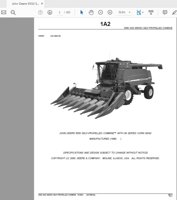 John Deere 9550 SELF PROPELLED COMBINE WITH 90 SERIES CORN HEAD Parts Catalog 1
