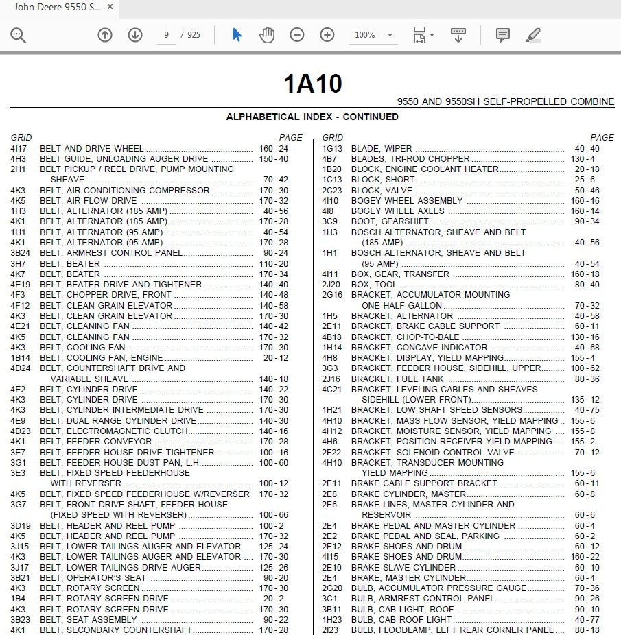 John Deere 9550 SELF PROPELLED COMBINE WITH 90 SERIES CORN HEAD Parts Catalog 2