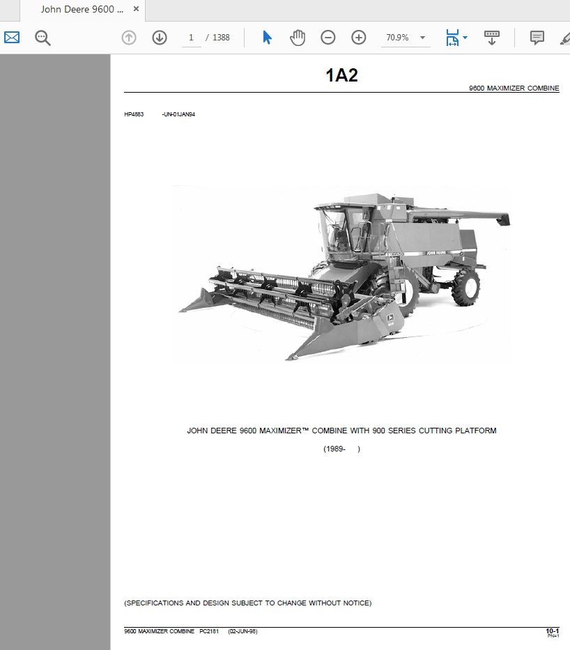 John Deere 9600 MAXIMIZER COMBINE WITH 900 SERIES CUTTING PLATFORM Parts Catalog 1
