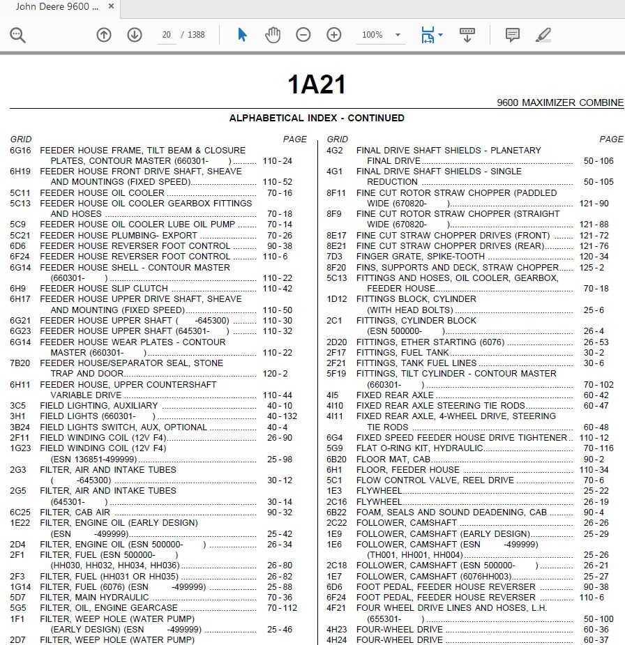 John Deere 9600 MAXIMIZER COMBINE WITH 900 SERIES CUTTING PLATFORM Parts Catalog 2