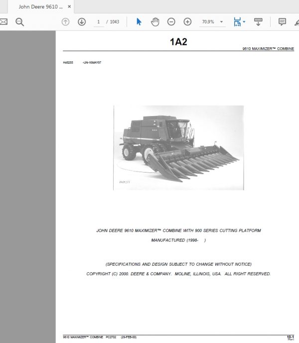 John Deere 9610 MAXIMIZER™ COMBINE WITH 900 SERIES CUTTING PLATFORM Parts Catalog 1