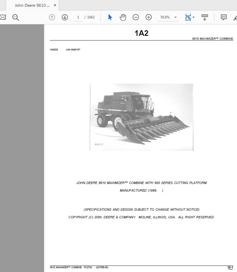 John Deere 9610 MAXIMIZER™ COMBINE WITH 900 SERIES CUTTING PLATFORM Parts Catalog 1