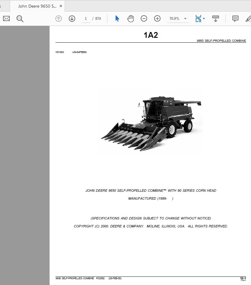 John Deere 9650 SELF PROPELLED COMBINE WITH 90 SERIES CORN HEAD Parts Catalog 1