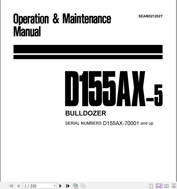 Komatsu Bulldozer D155AX 5 70001 and up Operator Maintenance Manual EN SEAM021202T 1