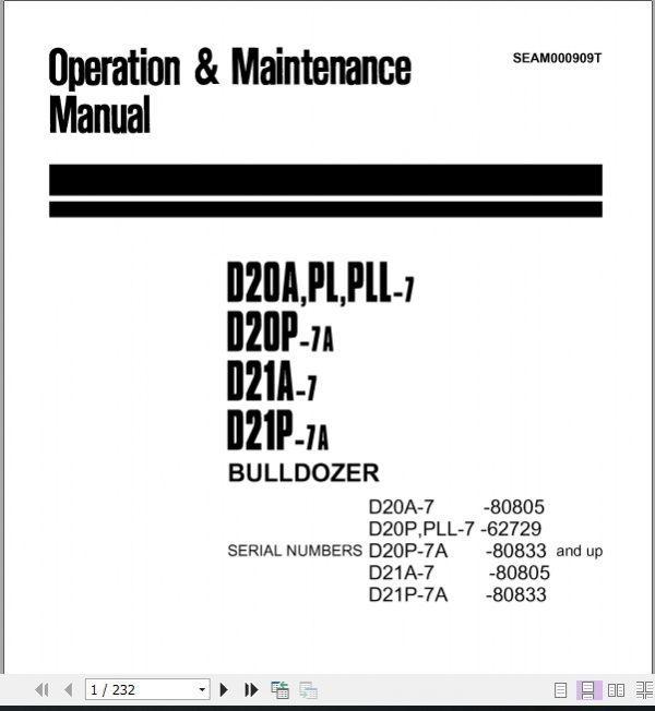 Komatsu Bulldozer D20A P PLL D21P A Operator Maintenance Manual EN SEAM000909T 1