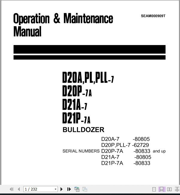 Komatsu Bulldozer D20A P PLL D21P A Operator Maintenance Manual EN SEAM000909T 1