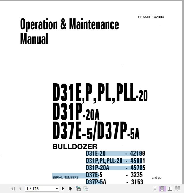 Komatsu Bulldozer D31E 37E P PL PLL Operator Maintenance Manual EN SEAM01142004 1