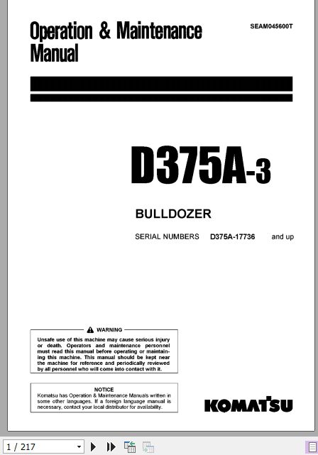 Komatsu Bulldozer D375A 17736 and up Operation Maintenance Manual SEAM045600T 1