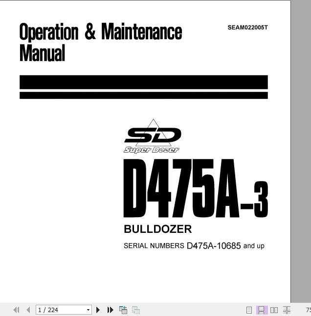 Komatsu Bulldozer D475A 3 10685 and up Operator Maintenance Manual EN SEAM022005T 1