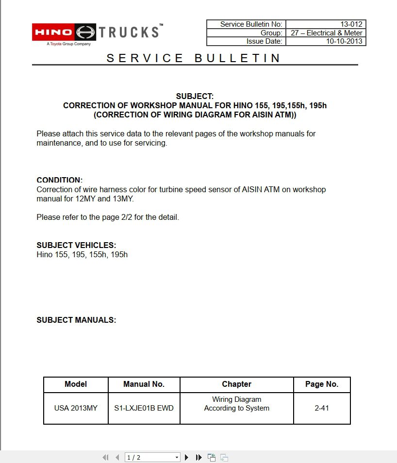 HINO Truck All Series Technical Bulletins Chassis Updates 2019 EN 1