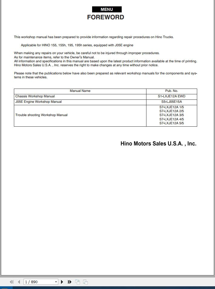 HINO Truck COE All Series J05E 155 155h 195 195h Workshop Manuals 2018 EN 1