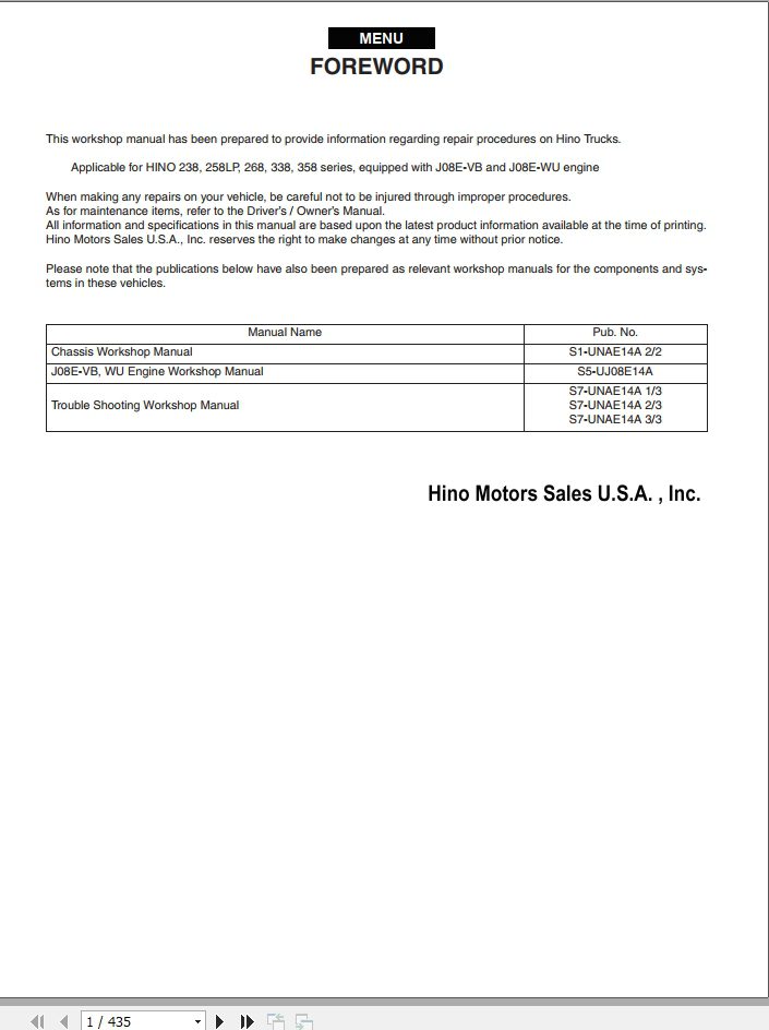 HINO Truck Conventional All Series 238 258LP 268 338 358 Workshop Manuals 2018 EN 1