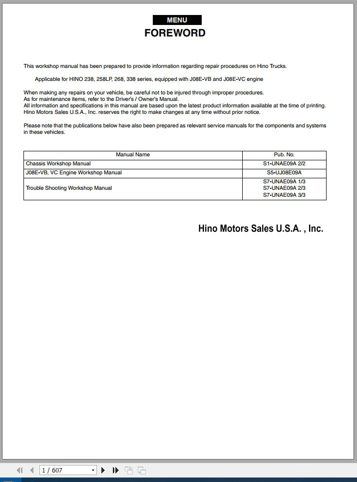 HINO Truck Conventional All Series 238 258LP 268 338 Workshop Manuals 2011 EN 1