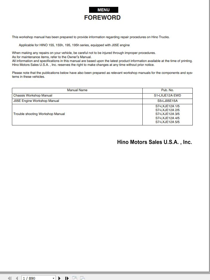 HINO Truck Engine All Series 155 155h 195 195h Workshop Manuals 2012 EN 1