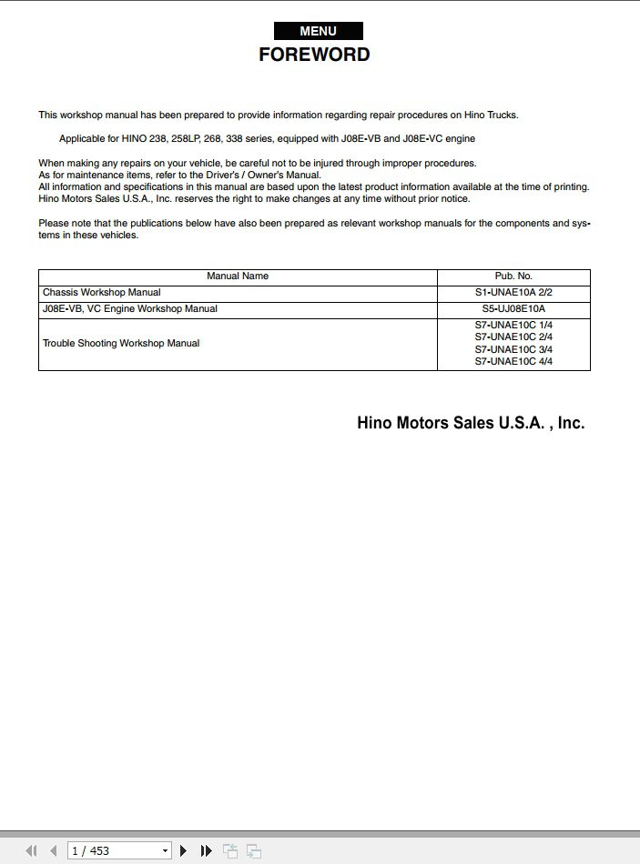HINO Truck Engine All Series J08E VB and J08E VC Workshop Manuals 2010 EN 1