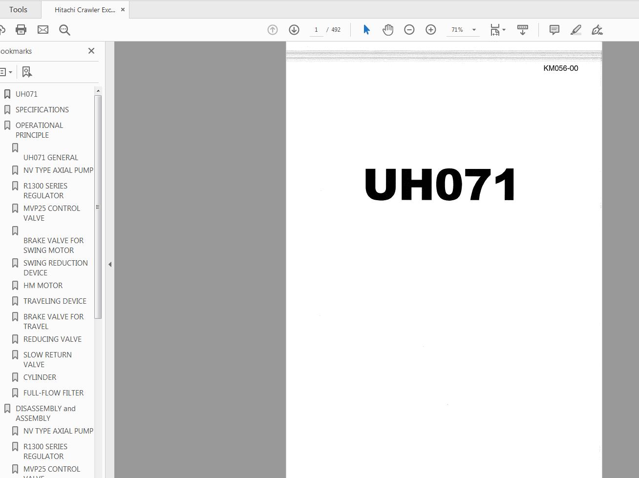 Hitachi Crawler Excavator UH071 Service Manual KM056 00 1