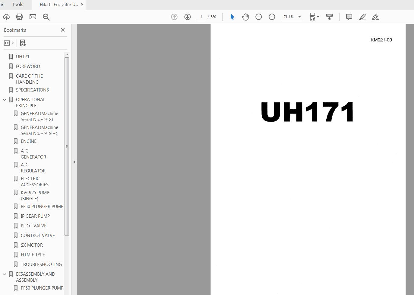 Hitachi Excavator UH171 Service Manual KM021 00 1