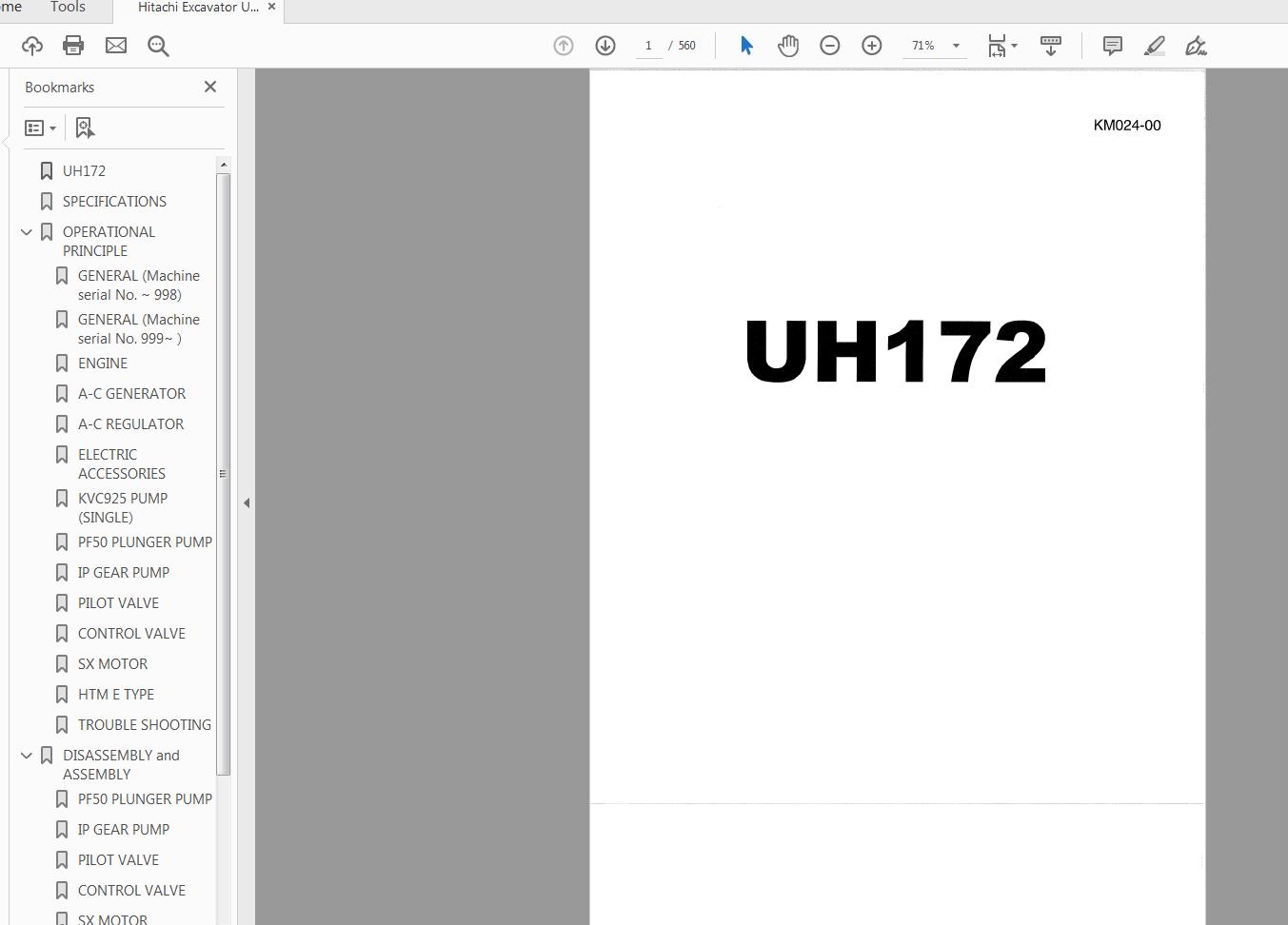 Hitachi Excavator UH172 Service Manual KM024 00 1