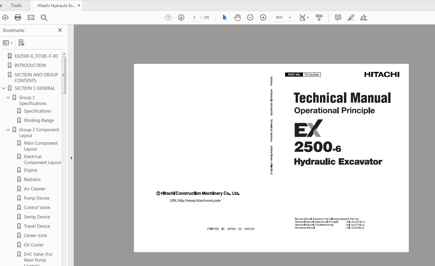 Hitachi Hydraulic Exacavator EX2500 6 Technical Manual TO18L E 00 1