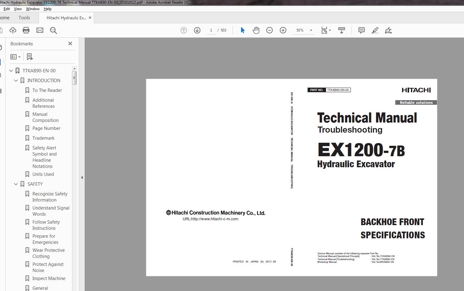 Hitachi Hydraulic Excavator EX1200 7B Technical Manual TTKAB90 EN 0020181012 1