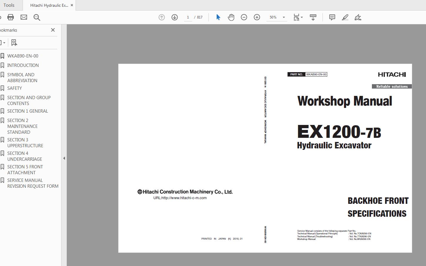 Hitachi Hydraulic Excavator EX1200 7B Workshop Manual WKAB90 EN 00 1