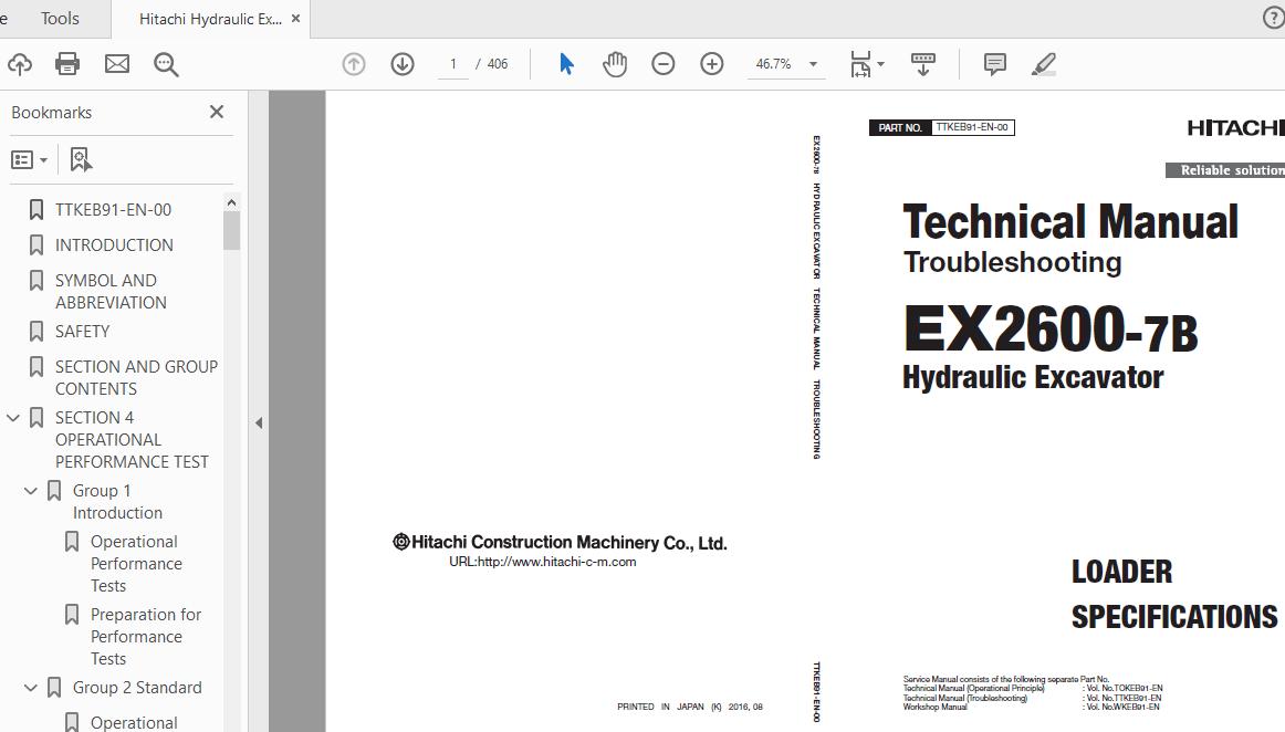 Hitachi Hydraulic Excavator EX2600 7B Technical Manual TTKEB91 EN 00 1 1