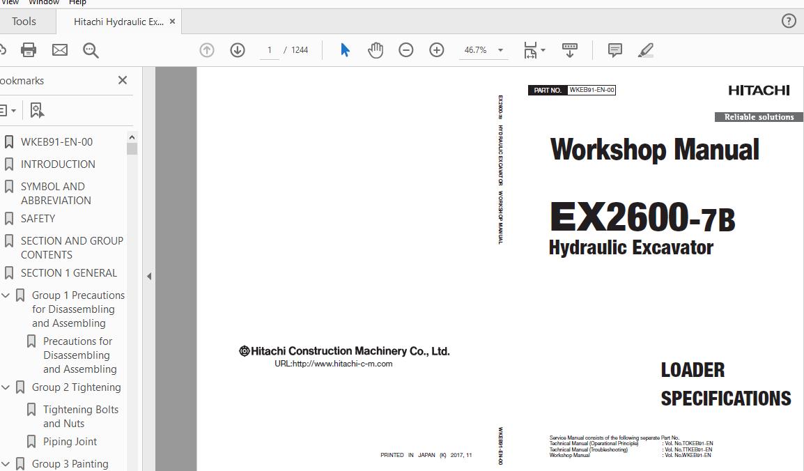 Hitachi Hydraulic Excavator EX2600 7B Workshop Manual WKEB91 EN 00 1