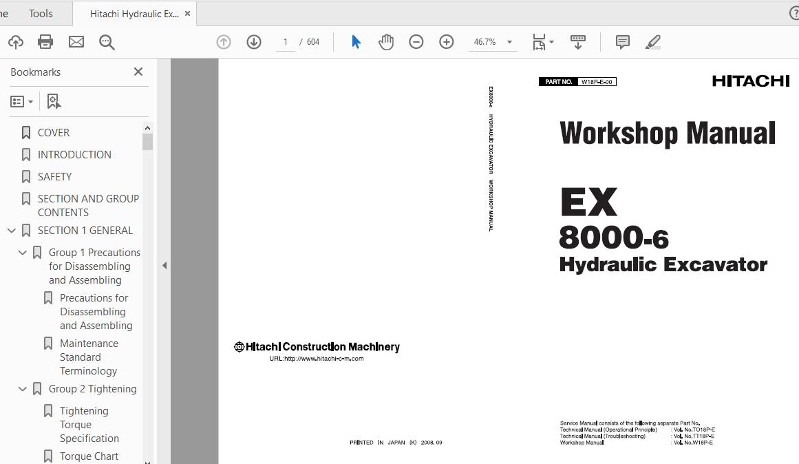 Hitachi Hydraulic Excavator EX8000 6 Workshop Manual W18P E 0020180809 1