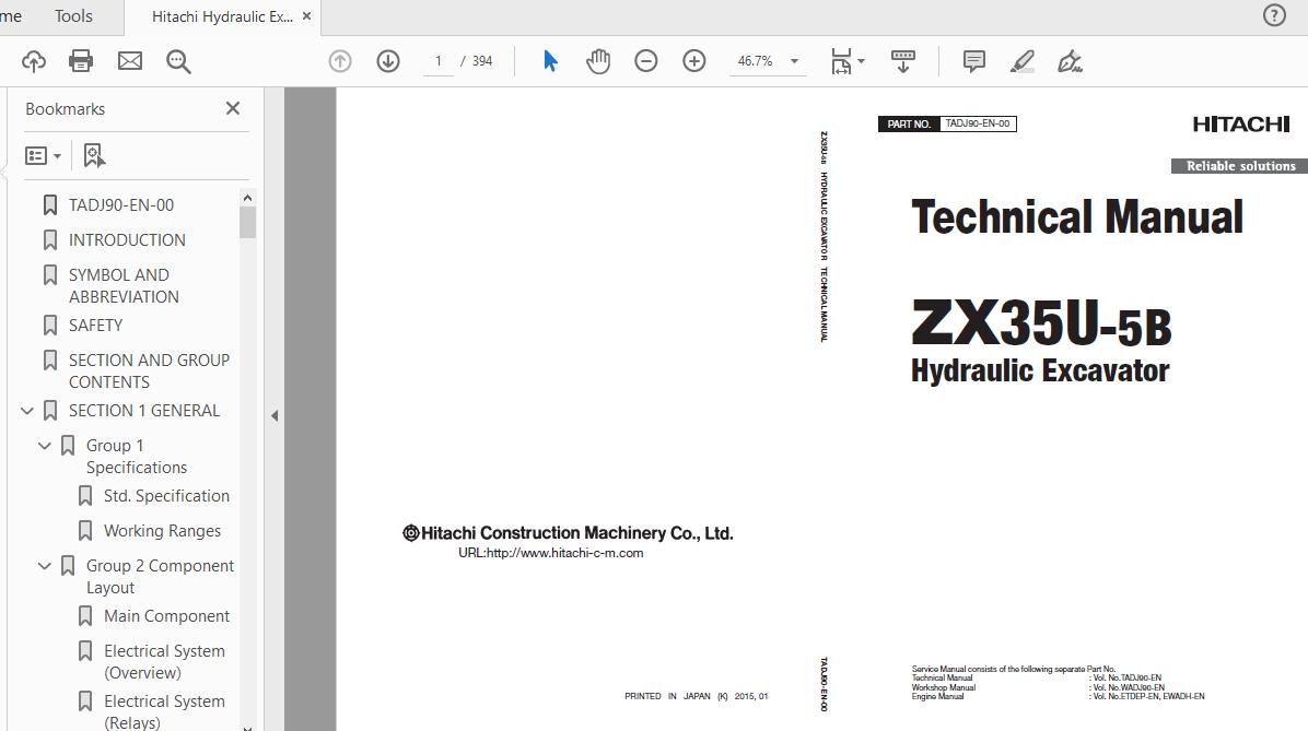 Hitachi Hydraulic Excavator ZX35U 5B TADJ90 EN 00 Technical Manual 1