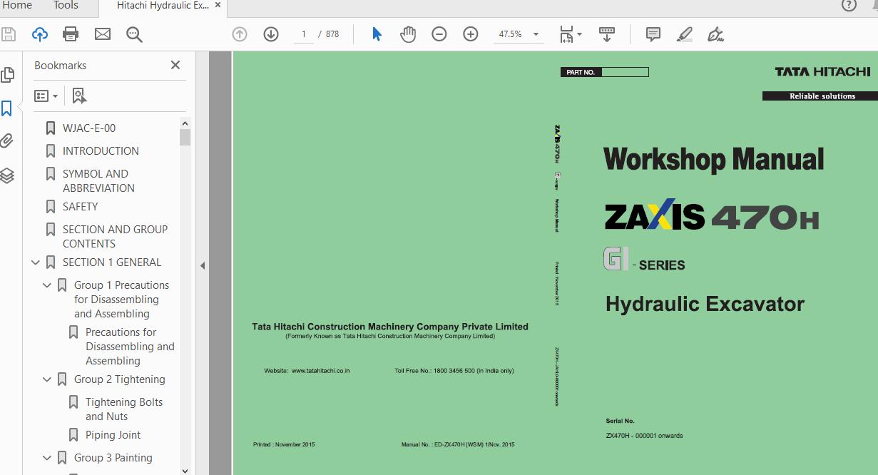 Hitachi Hydraulic Excavator ZX470H GI JAHL0 000001 Onwards Workshop Manual 1