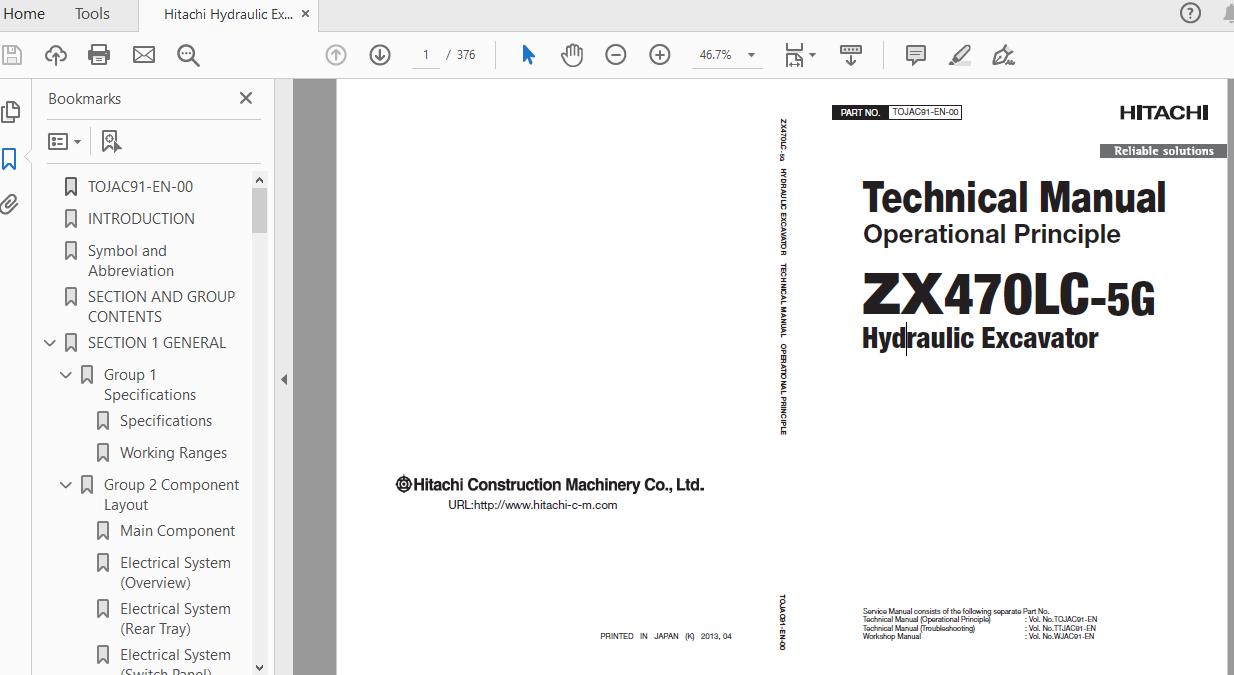 Hitachi Hydraulic Excavator ZX470LC 5G TOJAC91 EN 00 Technical Manual OP 1