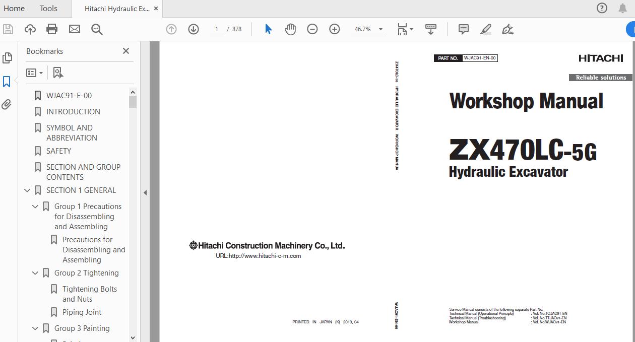 Hitachi Hydraulic Excavator ZX470LC 5G WJAC91 EN 00 Workshop Manual 1