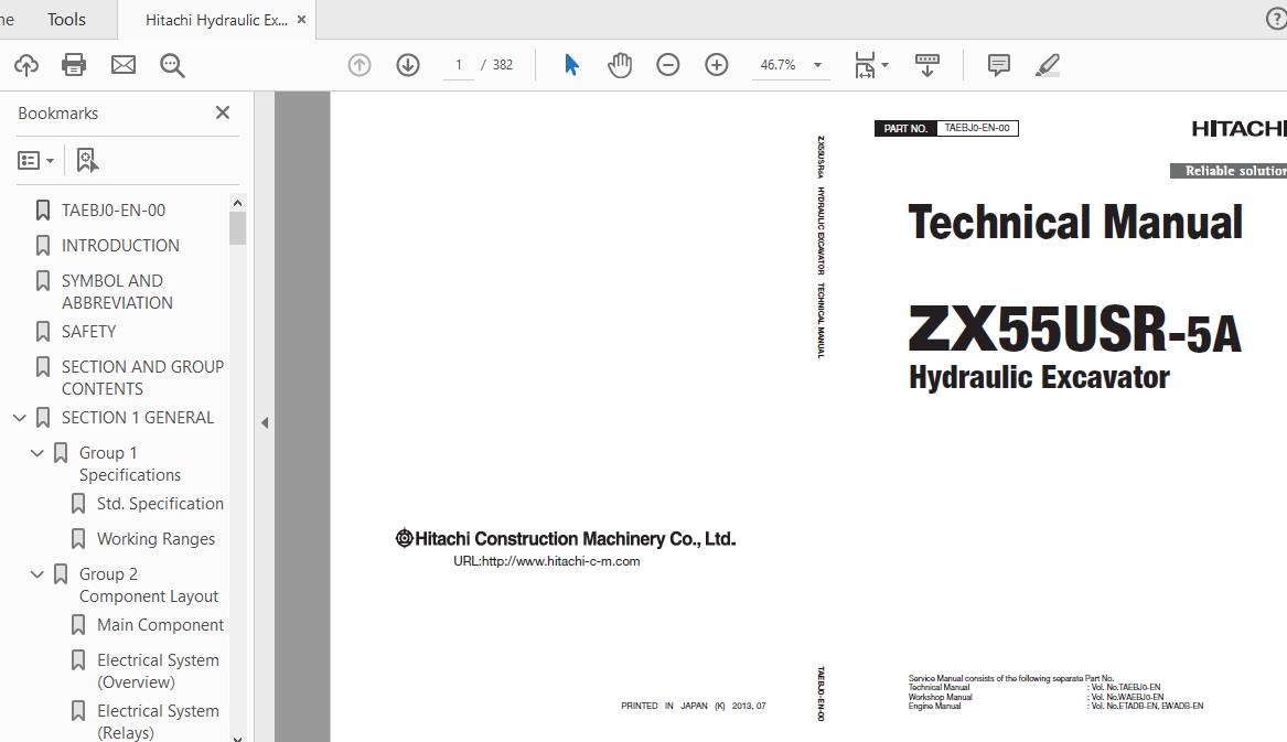 Hitachi Hydraulic Excavator ZX55USR 5A TAEBJ0 EN 00 Technical Manual 1