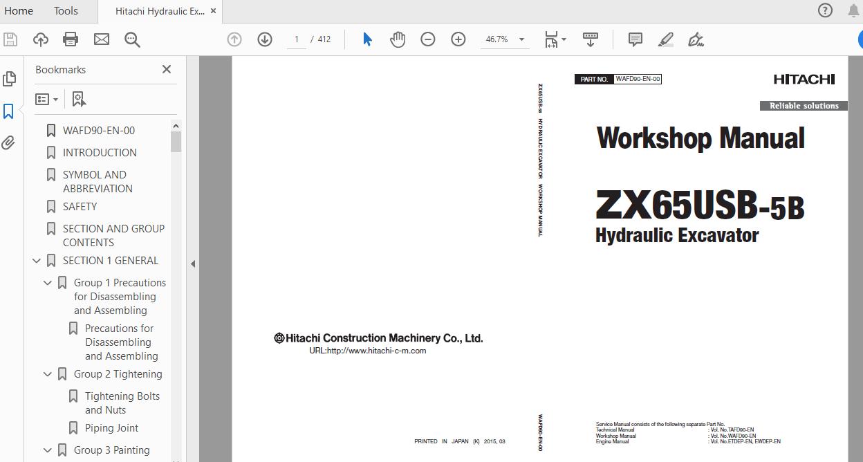 Hitachi Hydraulic Excavator ZX65USB 5B WAFD90 EN 00 Workshop Manual 1